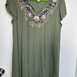 miami Olive Green Embroidered Floral Dress with Pink and Navy Accents